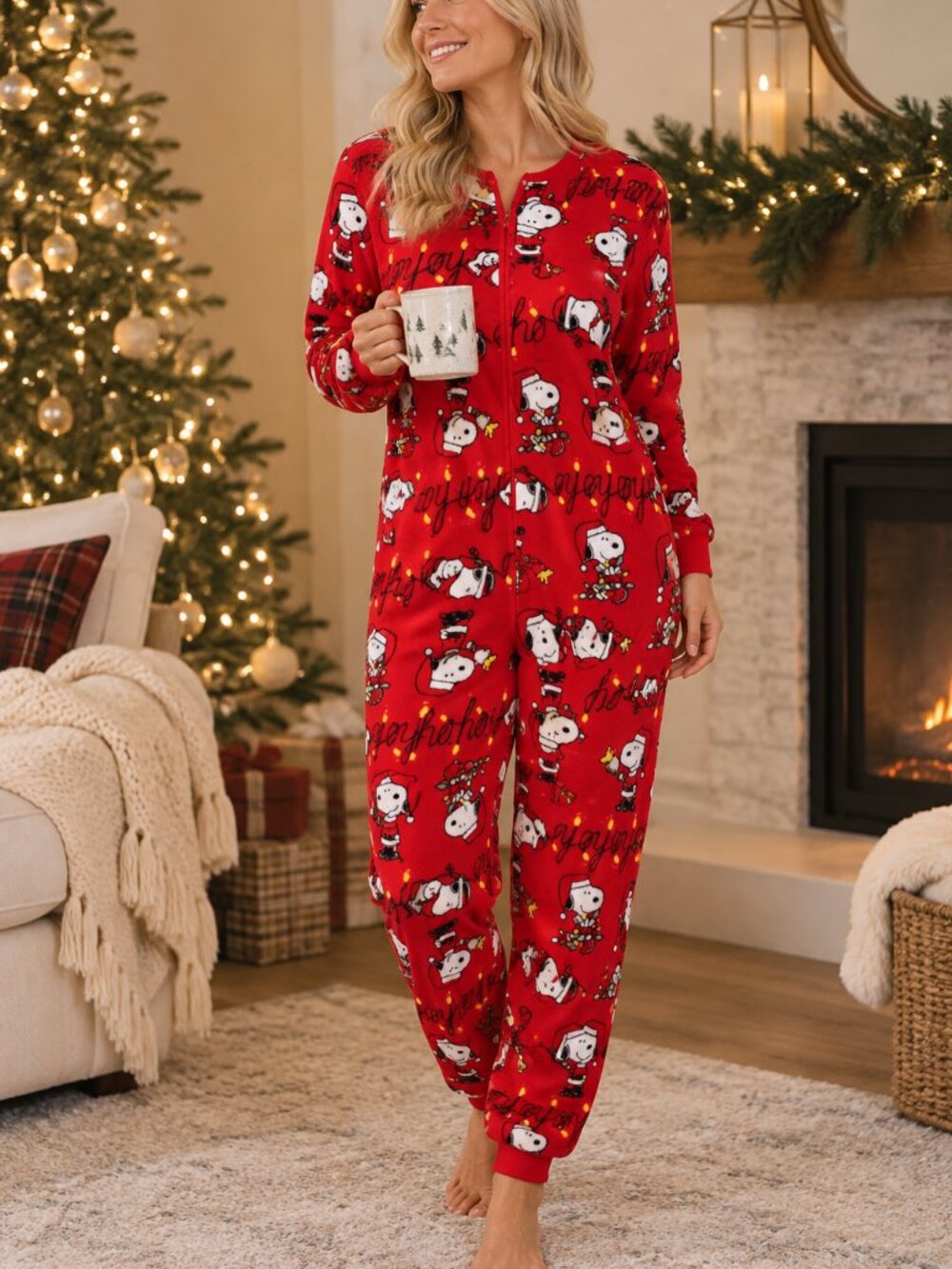 Snoopy Peanuts Christmas Onesie Ho Ho Ho Lights Union Suit Pajama Unisex Size M